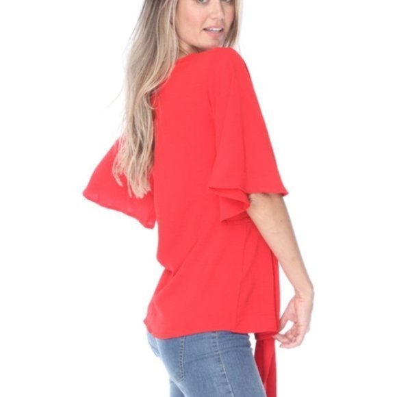 Ces'Femme Red Tomato Women Small Blouse Front Tie Flared Sleeve Scoop Neck  Top - Picture 2 of 9